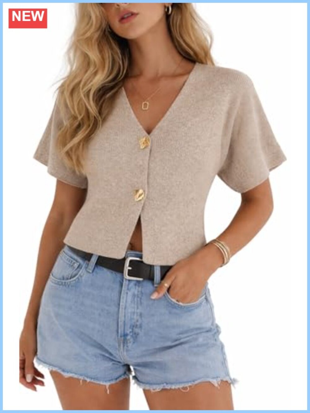 V Neck Button Front Cropped Knit Cardigan Short Sleeve Sweater